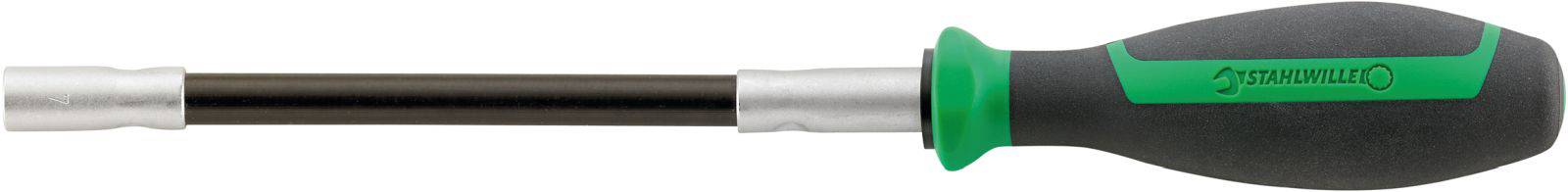 A screwdriver with an ergonomic handle, black shaft and green details, ideal for tightening or loosening screws.