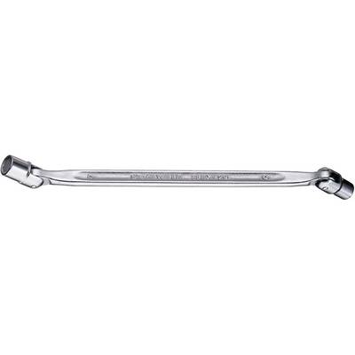 Silver-coloured double-jointed spanner with flexible heads at both ends, suitable for hexagonal and multi-tooth screws.