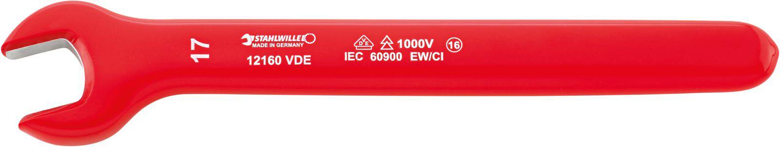 Red insulated VDE spanners with 17mm size, suitable for work up to 1000 volts. Markings indicate safety standards and certifications.