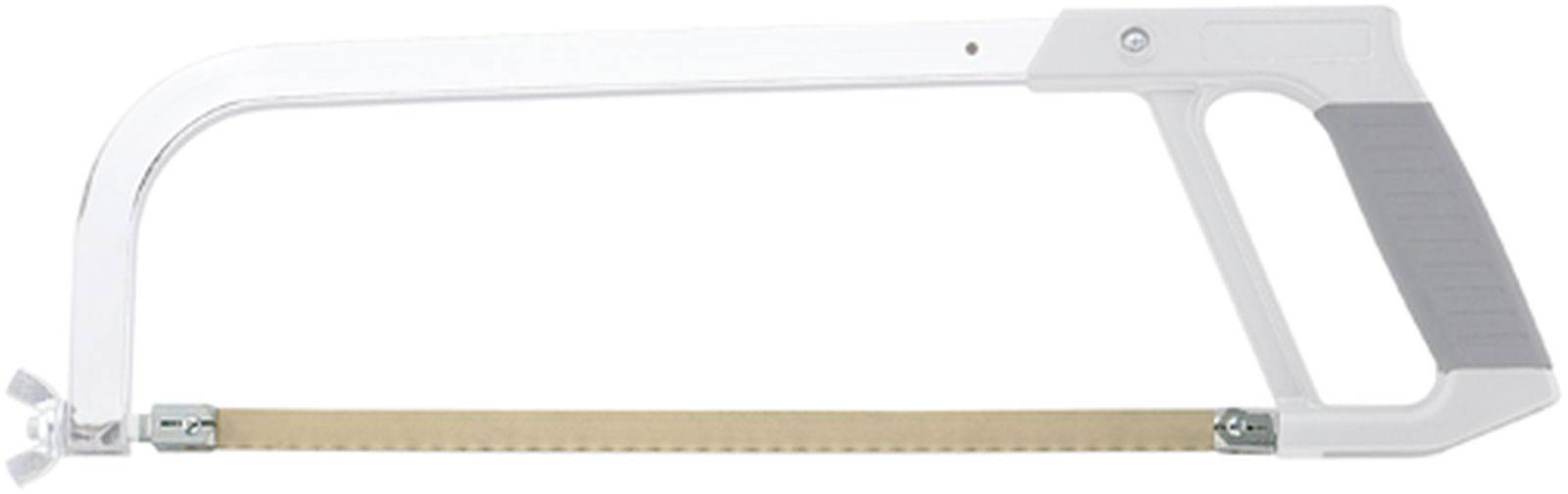 Metal saw with ergonomic handle. Silver frame, rectangular blade tensioned at the ends. Suitable for cutting metal.