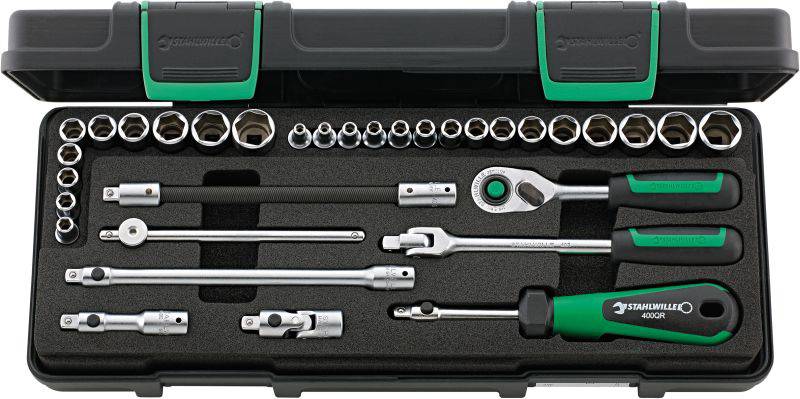 Socket wrench set in a black case, containing ratchets, sockets, and extensions, suitable for various repair work.
