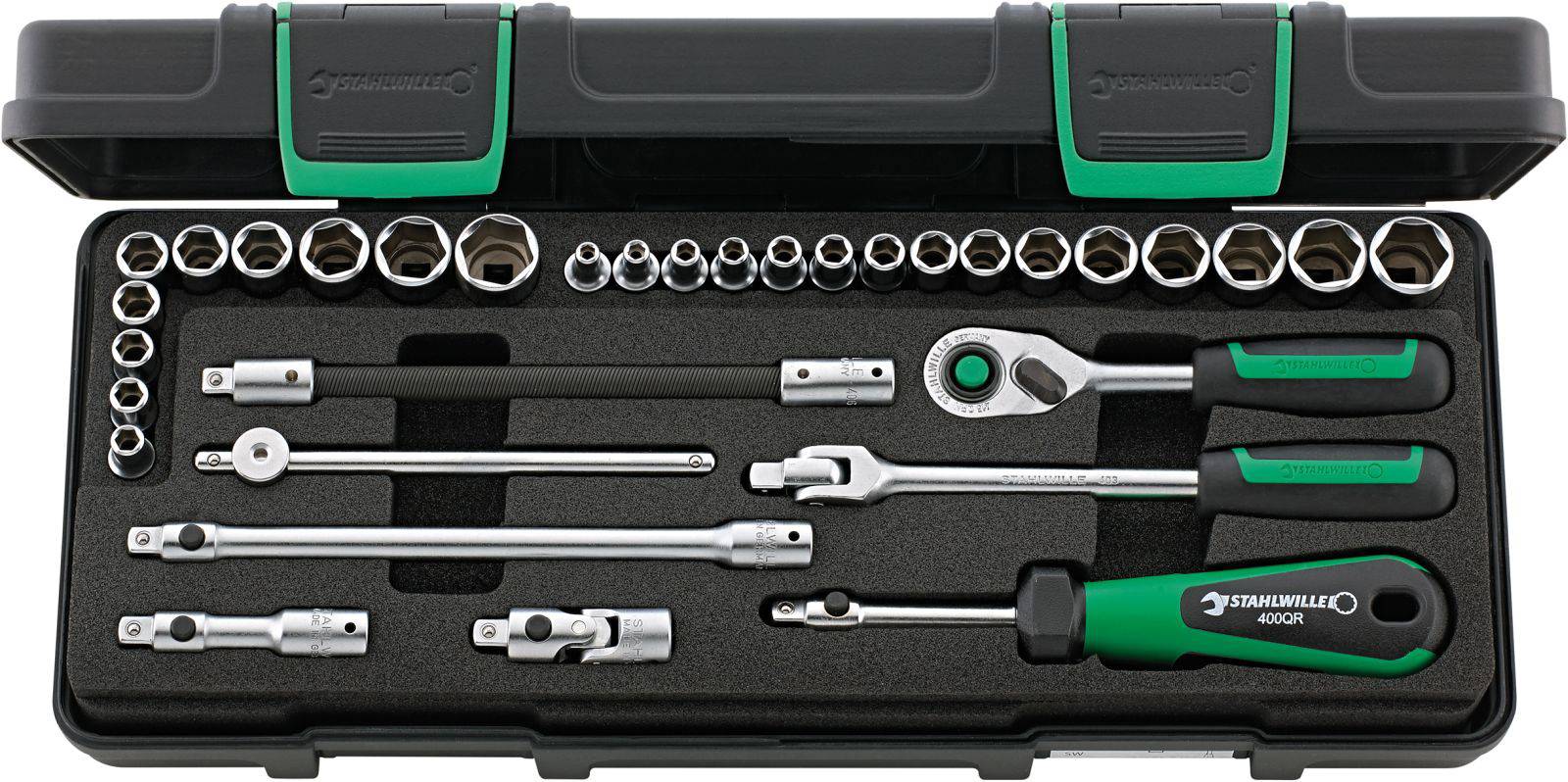 Toolkit with various sized socket wrenches, ratchets, and extensions.