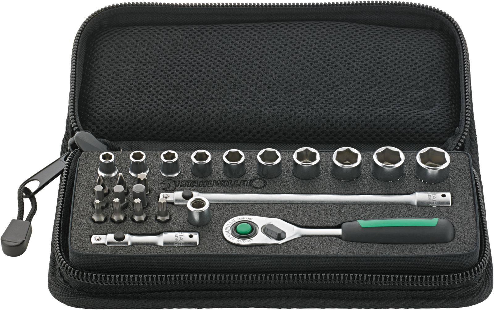 An open case displays a socket key set with multiple nuts, bits and a ratchet. Ideal for mechanical work.