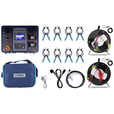 Portable test system set with measuring clamps, cable reels, test leads, and carry case for electrical safety testing.