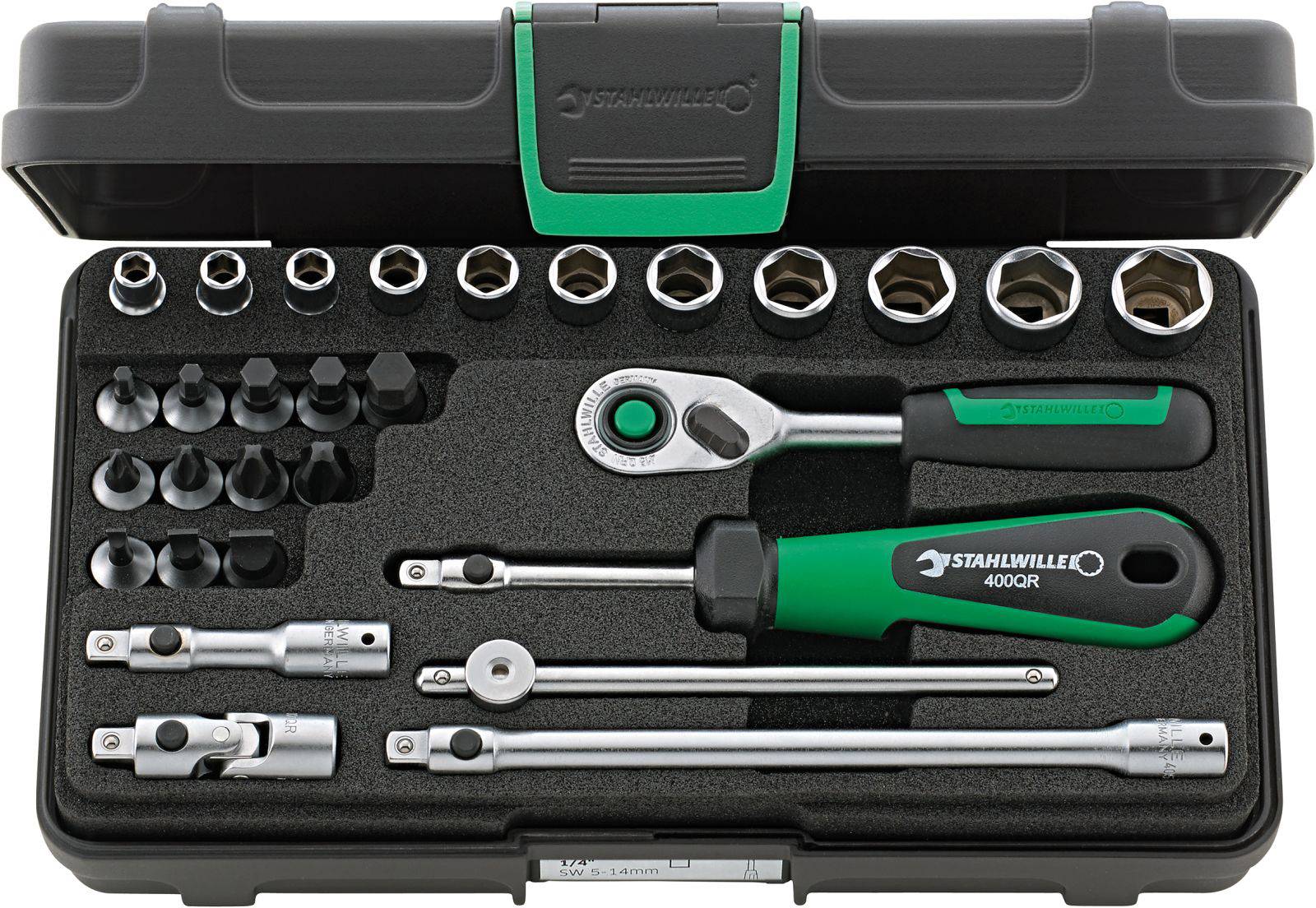An open tool case with a socket set, ratchet, extensions, and bits. All parts are neatly organised in a foam insert.