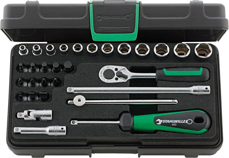 A toolbox with a ratchet, extension bars and various socket wrench sizes. Suitable for mechanical work.