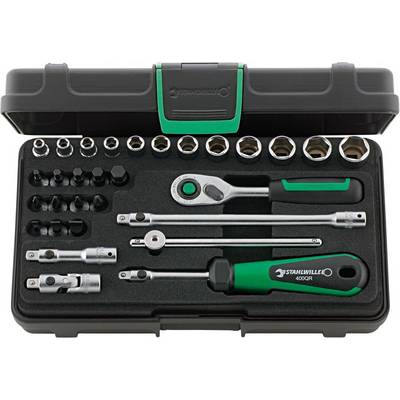 Socket wrench set in black box with green trim. Contains ratchet, extensions, sockets, and accessories.