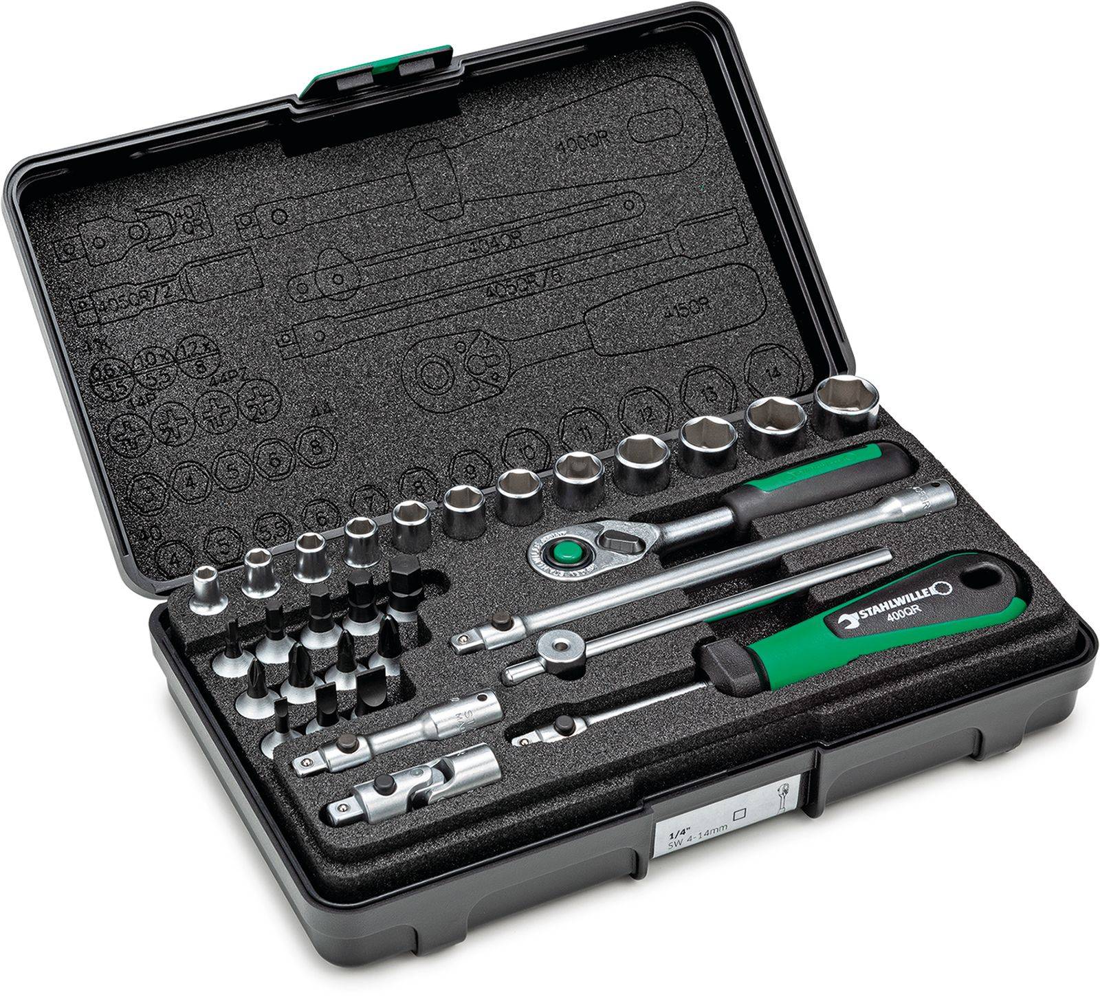 A set of open tools comprising a socket wrench set, ratchet, extensions, and bits, arranged in a foam-padded case.