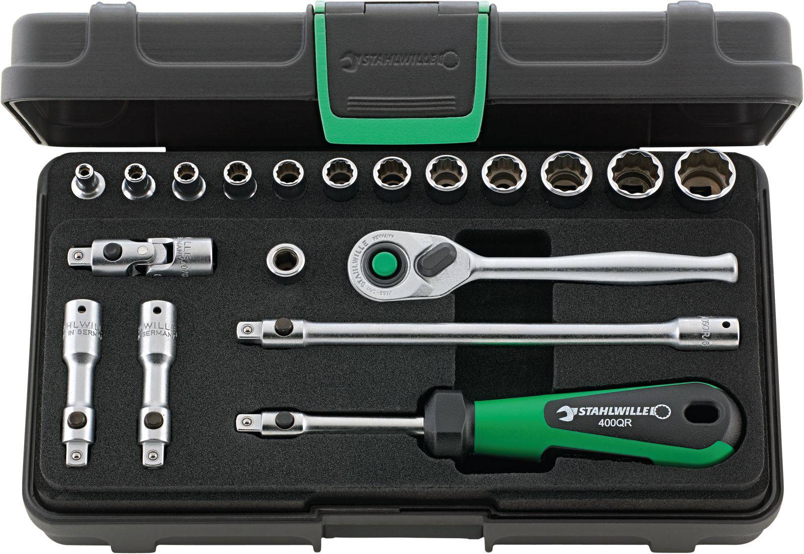 An open tool case with a ratchet, socket wrenches, extensions and adapter heads, carefully arranged in a foam insert.