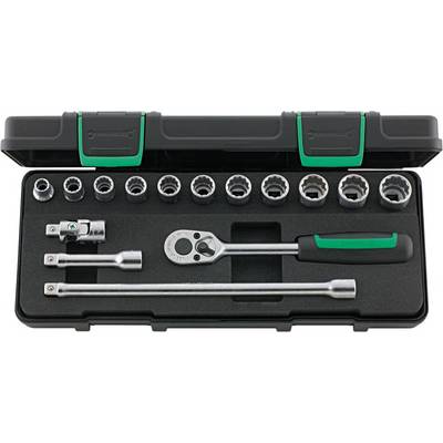Ratchet spanner set in an open case with various sockets and extension attachments, suitable for screw-related work.