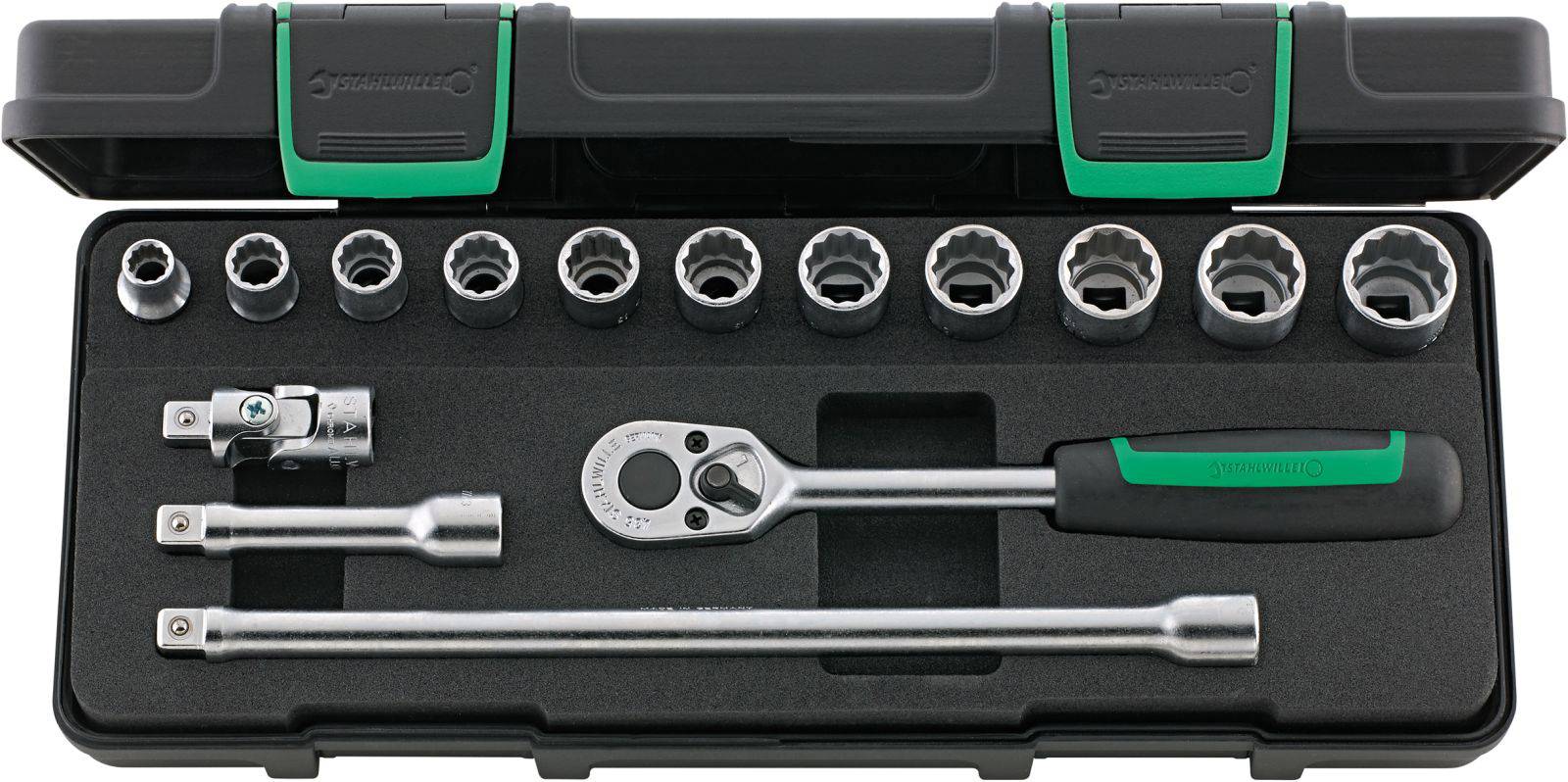 'Socket and ratchet set with various sizes in a black case, ideal for mechanical repairs.'
