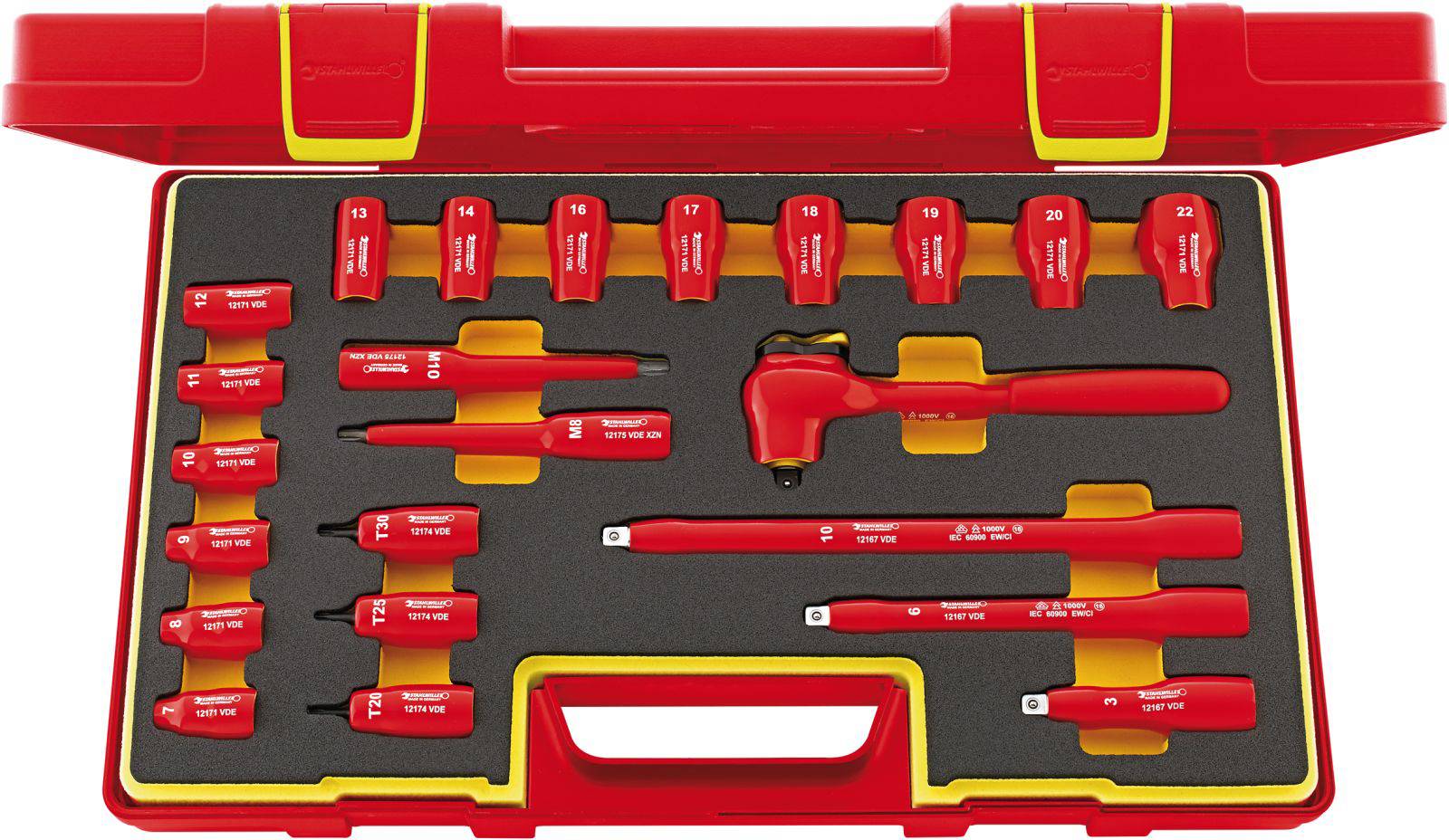 A red toolbox with a set of insulated spanners and ratchets, suitable for electrical work.