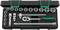 Socket wrench set in an open black case. Contains various sizes of sockets and extensions with a ratchet.