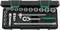 'Set of socket wrenches in various sizes in an open black plastic case with green accents.'