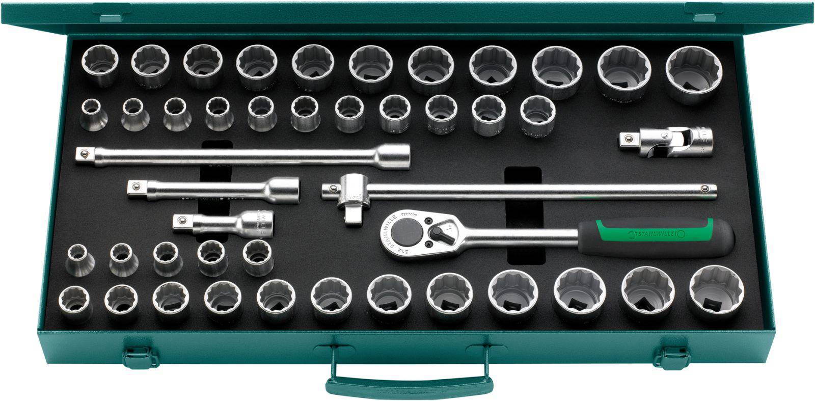 An open toolbox with various socket sizes and a ratchet, ideal for mechanical work and repairs.