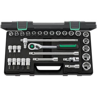A ratchet socket set with extensions and sockets in various sizes, neatly arranged in a black case.