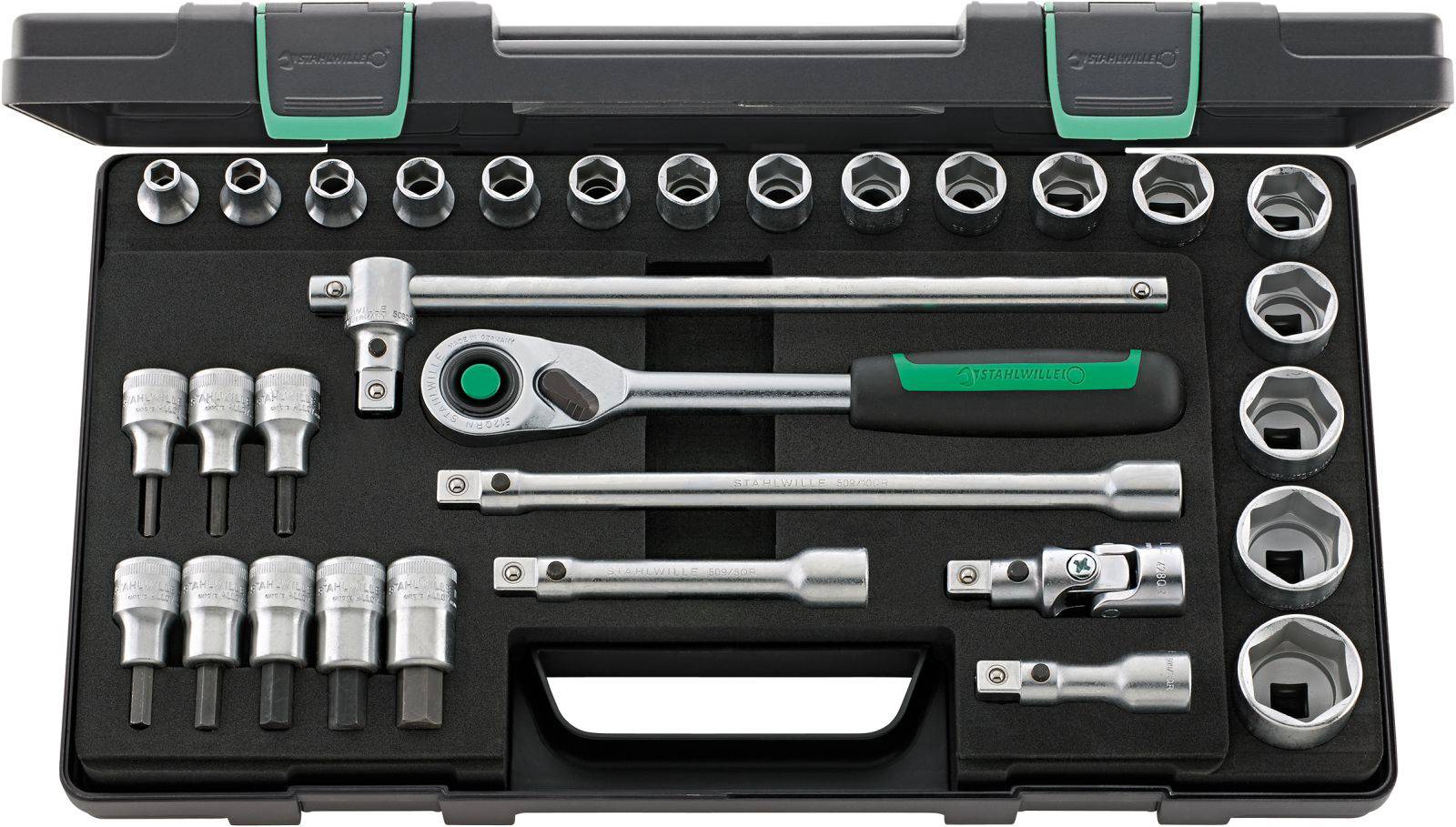 Socket wrench set with ratchet, extensions and various socket sizes in a tool box.