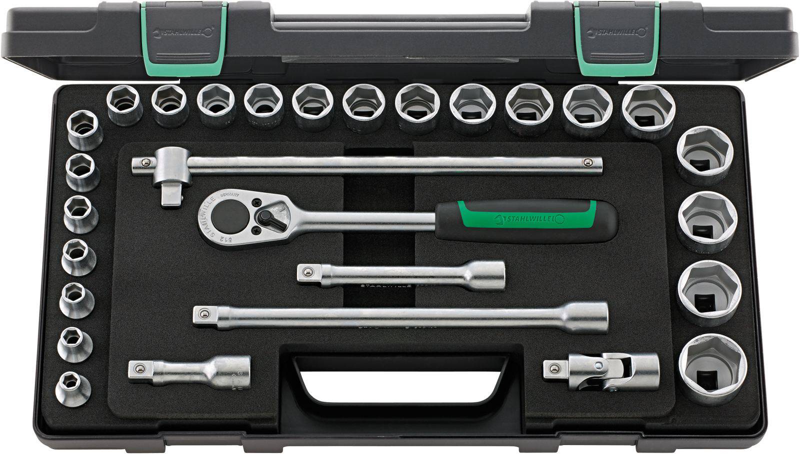 Toolkit with a ratchet and various socket sizes neatly laid out in foam padding.