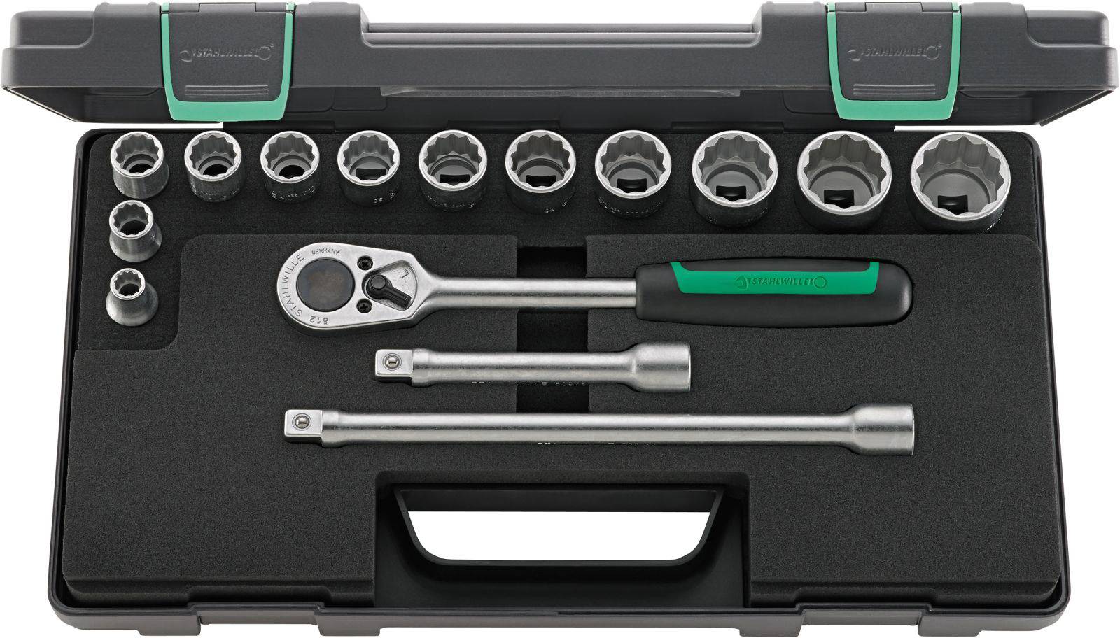 Socket wrench set with ratchet, various nuts and extension bars in a black plastic case, open.