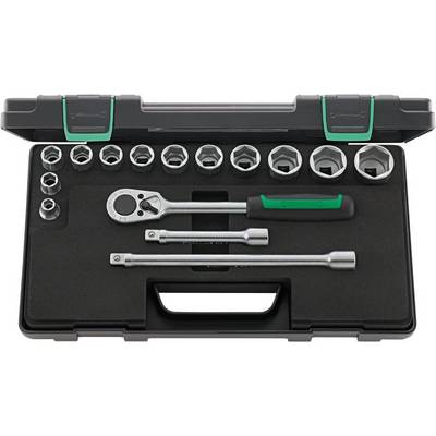 A ratchet socket set with extensions and 13 sockets in an open black plastic case, suitable for DIY tasks.