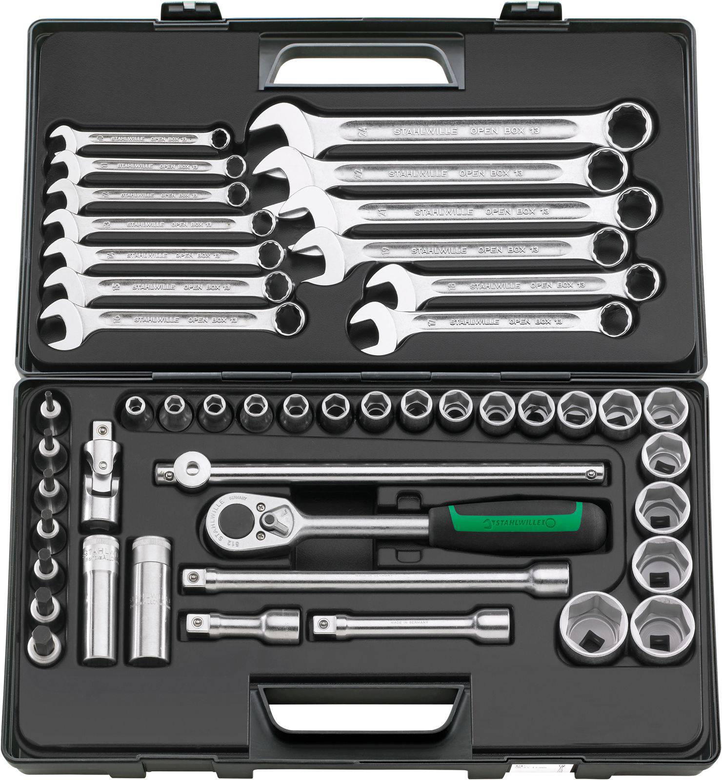 An open toolbox with various spanners and socket wrenches, organised in compartments for different sizes.
