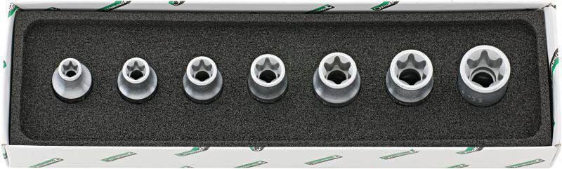 'Set of seven T-Torx socket keys in a foam insert, arranged from smallest to largest size.'
