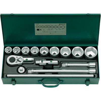 Ratchet spanner set in a green metal case. Contains a ratchet, various socket keys and extension bars.