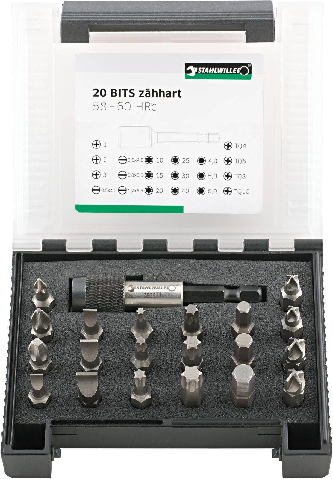 Bit set in a case with 20 bits and bit holder, labelled: '20 BITS extremely hard 58-60 HRC'. Various bit types arranged in ordered rows.