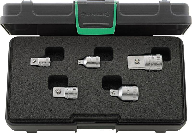 A set of adapters and reducers in a black plastic case. Contains five different metal adapter sizes.
