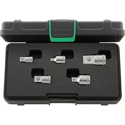A set of adapters and reducers in a black plastic case. Contains five different metal adapter sizes.