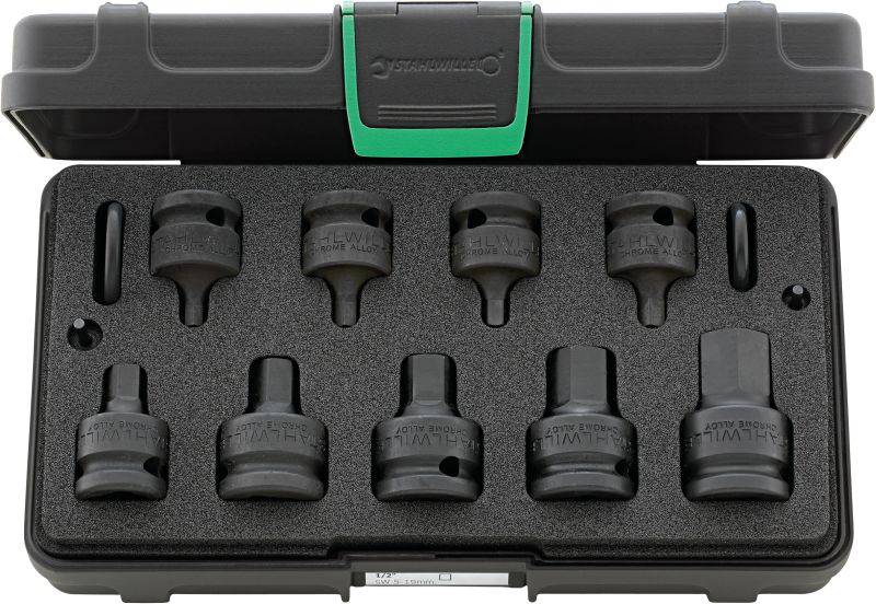 'Socket wrench set with 10 pieces in an open black case, various sizes for mechanical applications.'