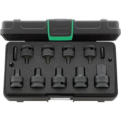 'Socket wrench set with 10 pieces in an open black case, various sizes for mechanical applications.'
