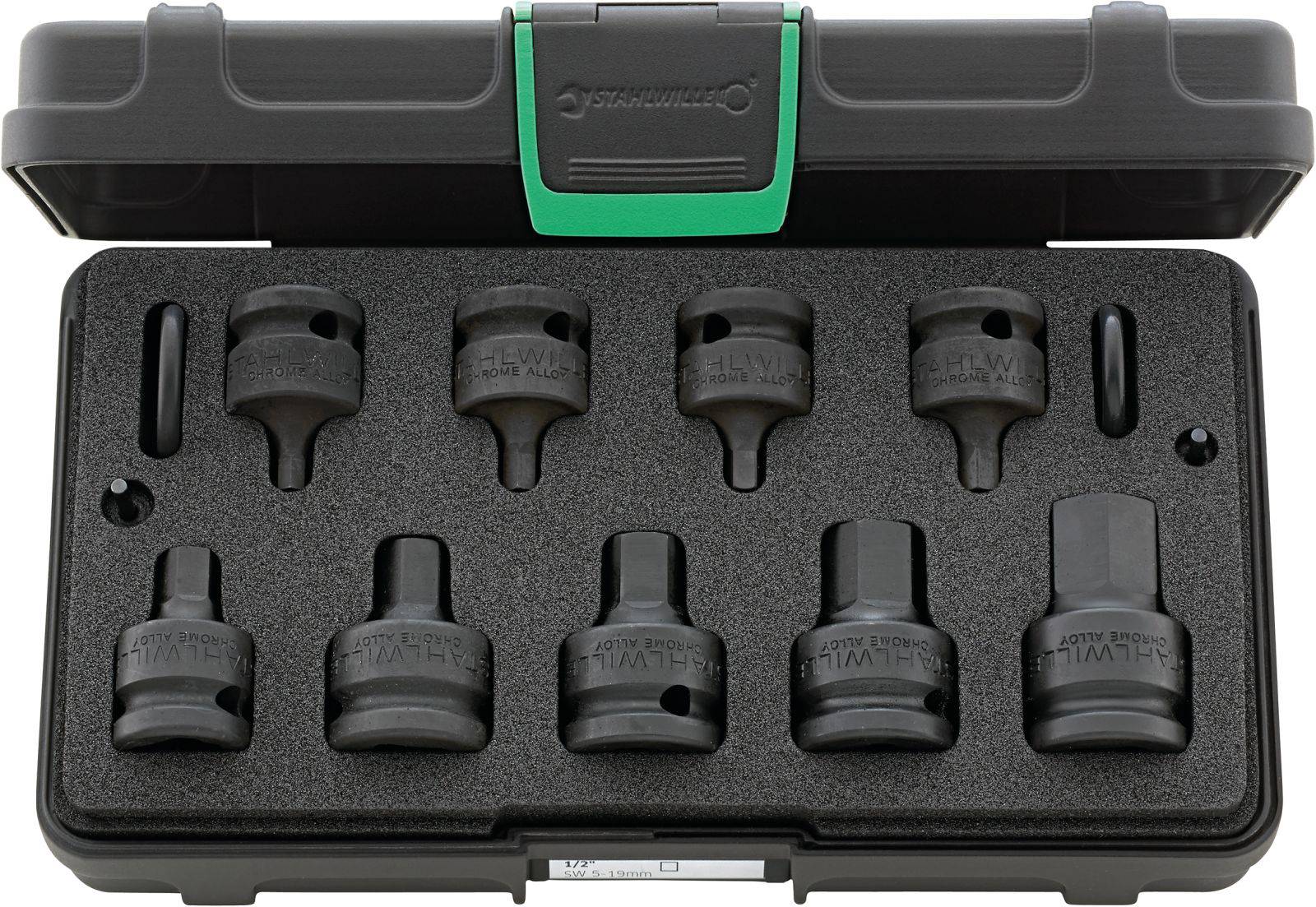 Set of ten robust fasteners in a black plastic case with foam lining.