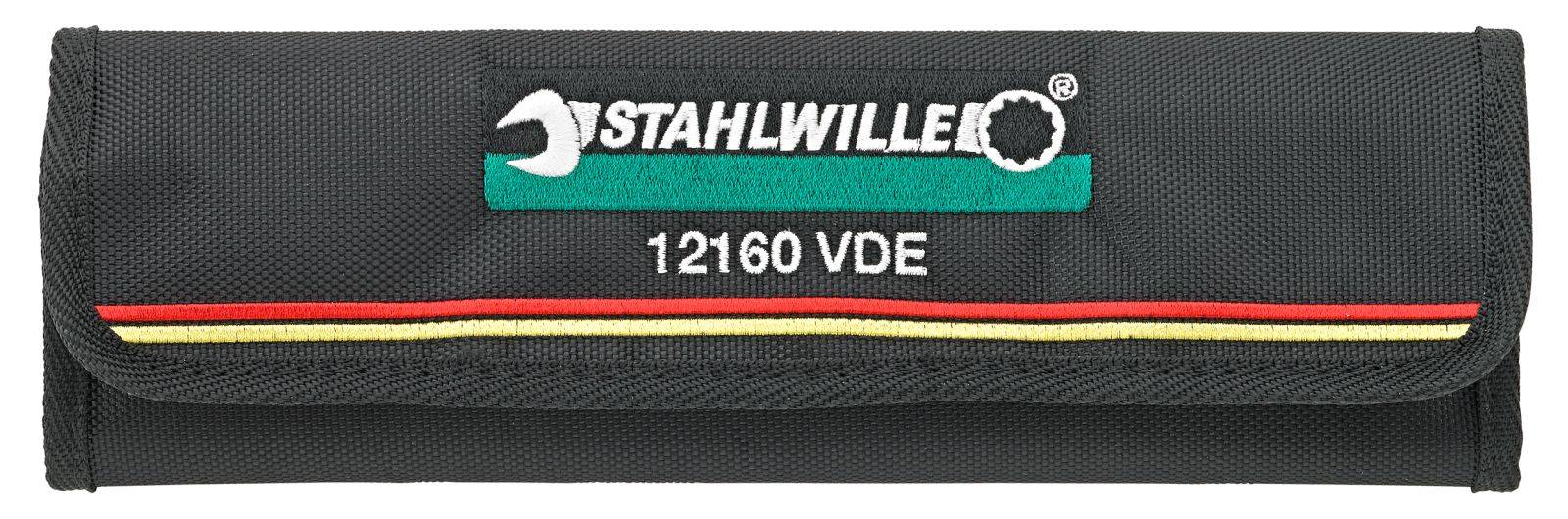 Black tool case with 'STAHLWILLE 12160 VDE' inscription. Contains insulated tools for electrical work.