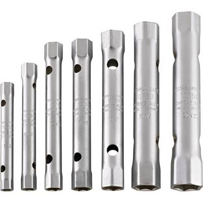 Set of seven different socket wrenches in ascending size, made from chrome alloy, arranged from left to right.