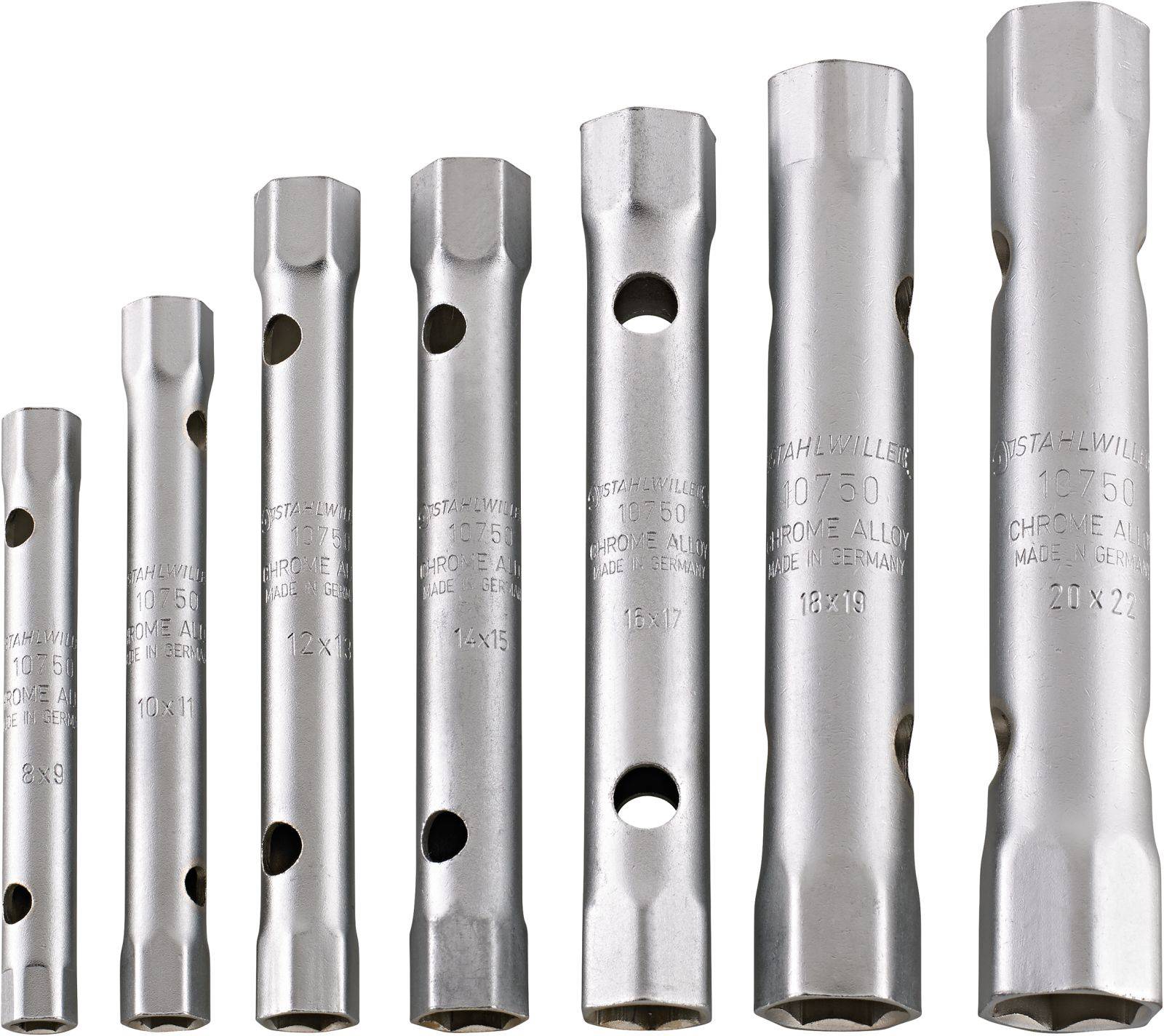 Set of seven silver spark plug spanners in various sizes, standing upright side by side.