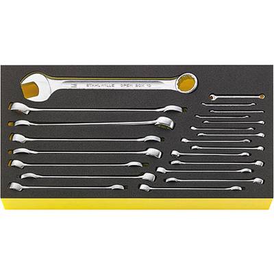 A set of 19 spanners in various sizes, arranged uniformly on a black foam display.