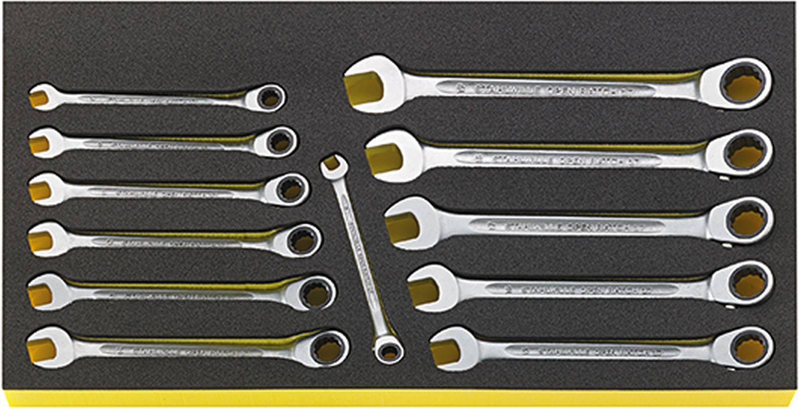 A series of open ring spanners of varying sizes are organised in a foam insert.