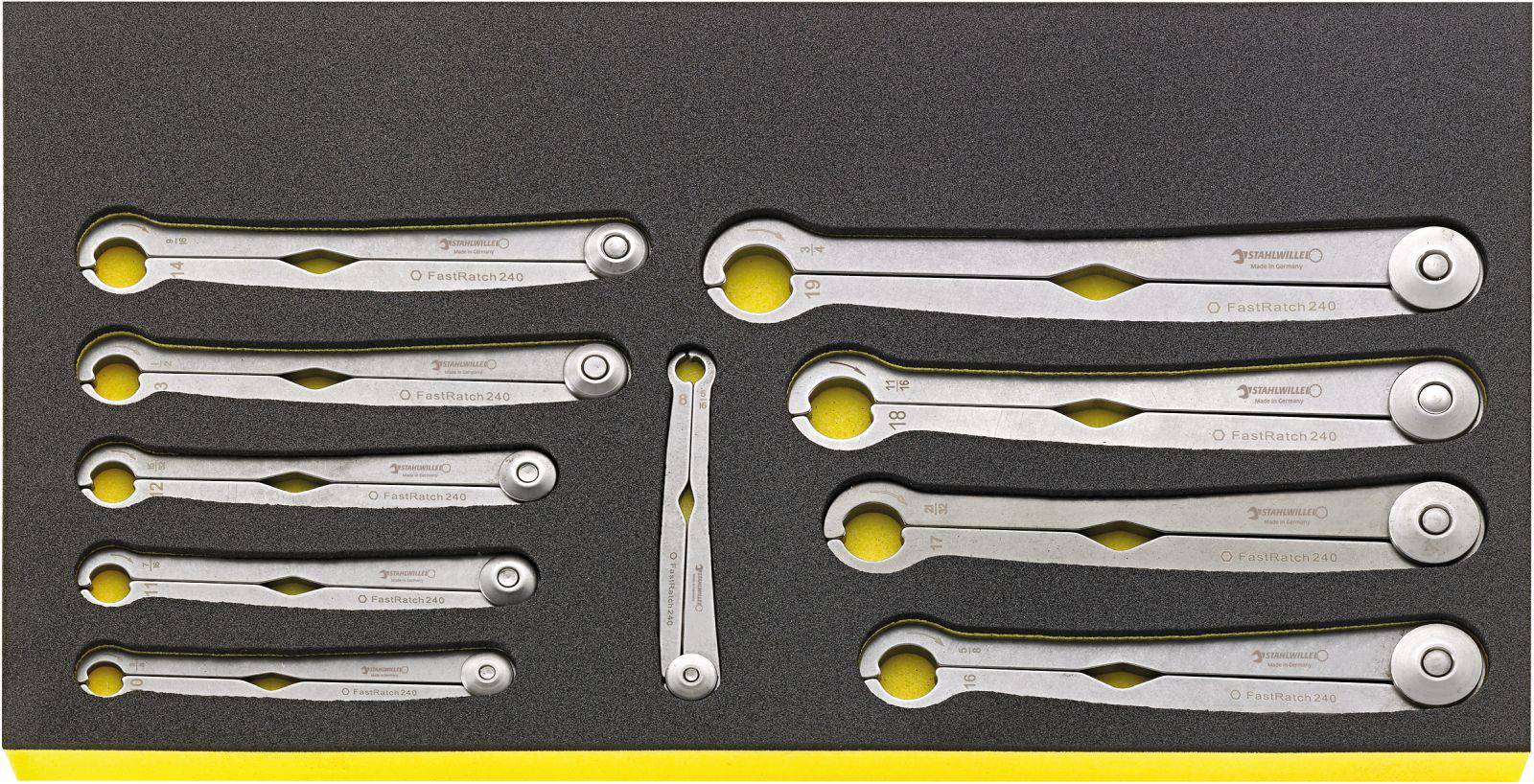 'Set of nine ring spanners in foam insert, arranged in various sizes from small to large.'