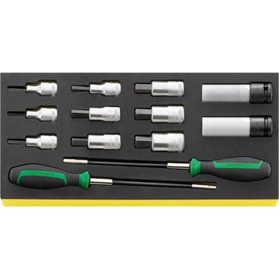 Tool set with screwdrivers and socket wrenches in various sizes. Includes two screwdriver handles and attachments.