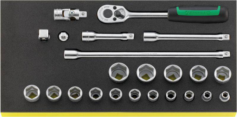 A ratchet with accessories: extensions, adapters and sockets in various sizes, organised in a toolbox.