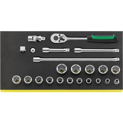A ratchet with accessories: extensions, adapters and sockets in various sizes, organised in a toolbox.