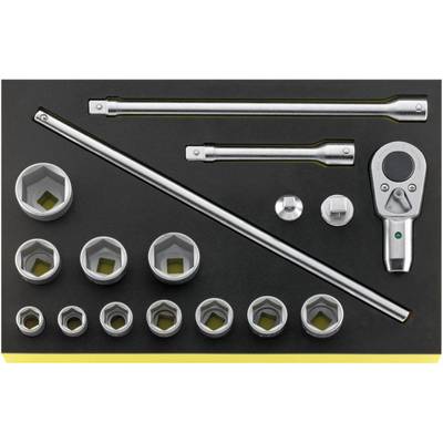 Socket wrench set in a case with a ratchet, extensions, and various socket sizes.