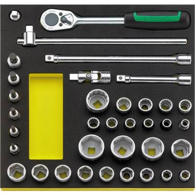 Socket wrench set in foam insert with ratchet handle, extensions and various socket inserts in different sizes.