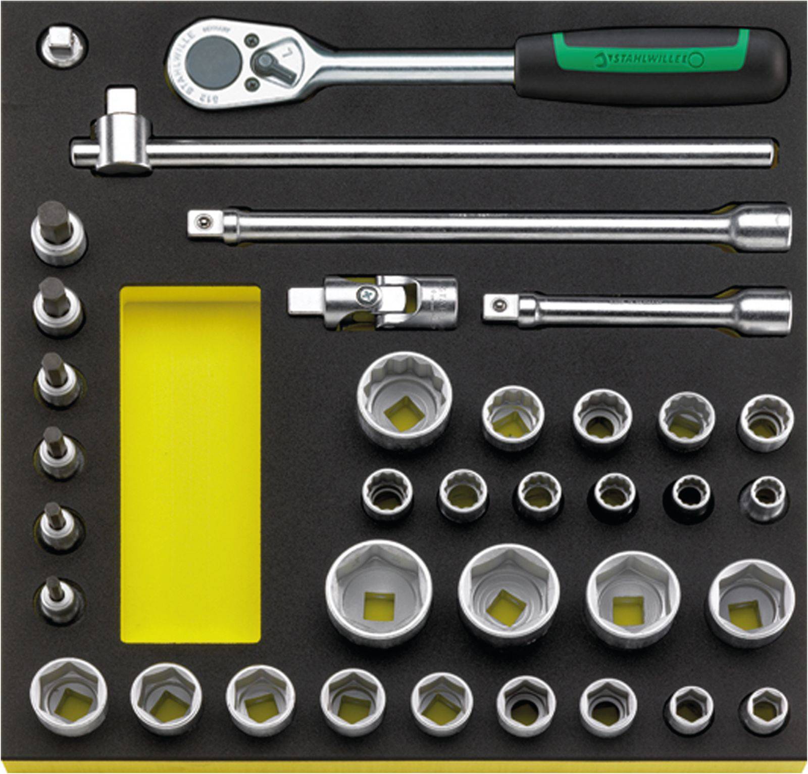 'Socket wrench set with ratchet, extensions and various socket sizes organised in a yellow tool carrier.'