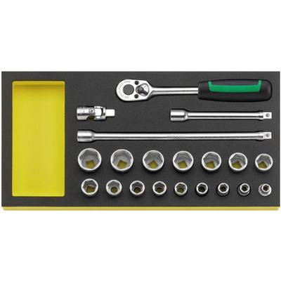 Socket wrench set with ratchet, extensions and sockets in various sizes, neatly arranged in a yellow toolbox.
