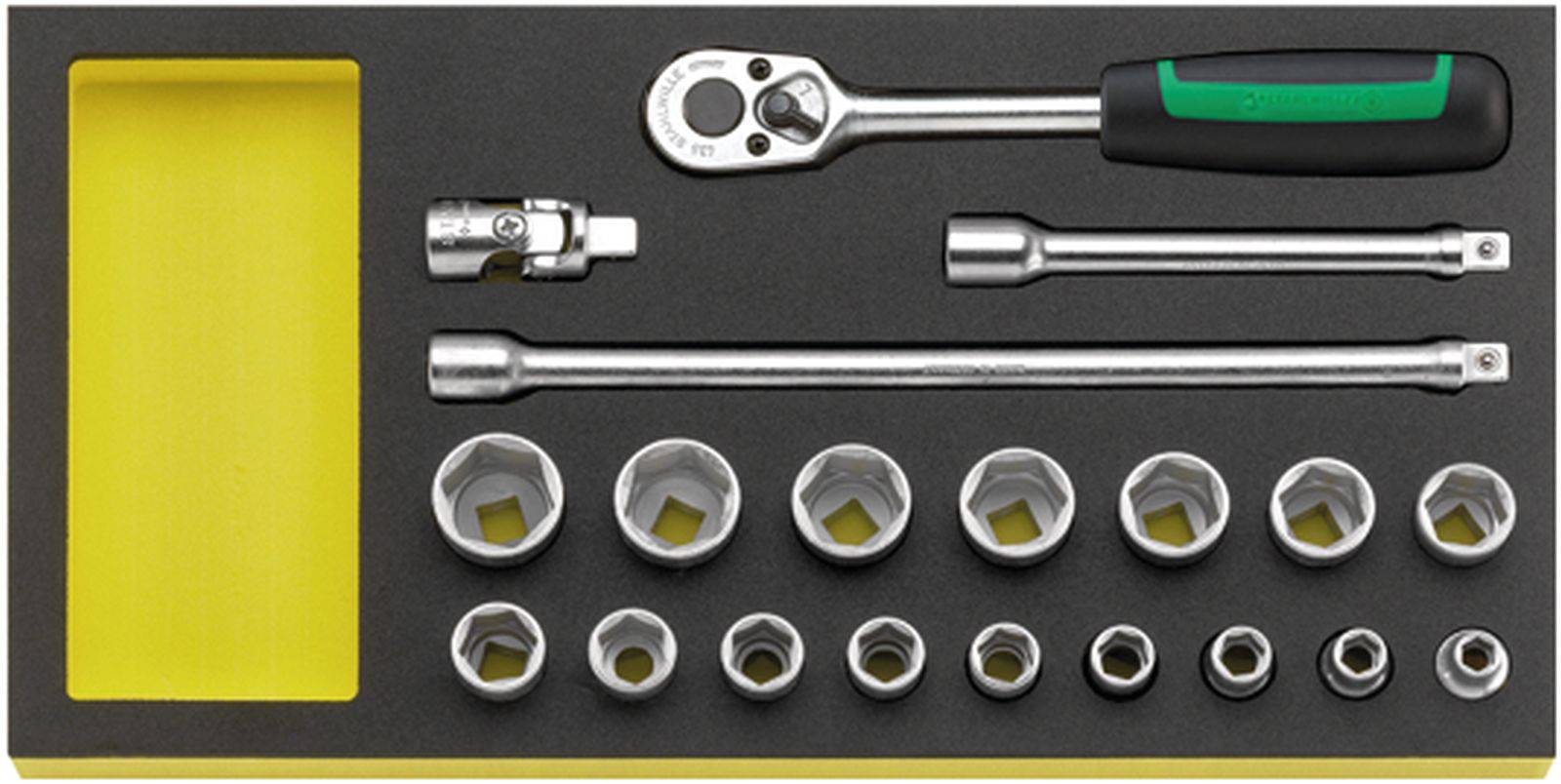Socket wrench set with ratchet, extensions and nuts in various sizes arranged on a yellow background.