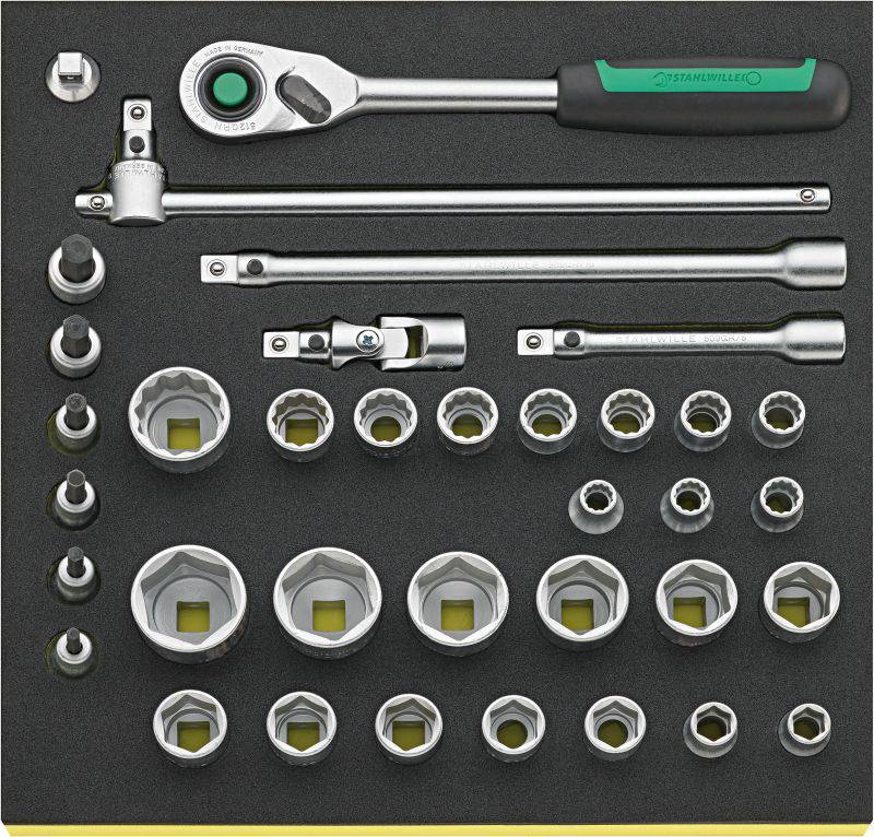 Socket wrench set with various nuts, extensions and a reversible ratchet, neatly arranged in a black foam insert.