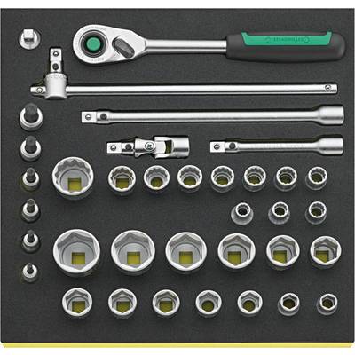 Socket wrench set with various nuts, extensions and a reversible ratchet, neatly arranged in a black foam insert.