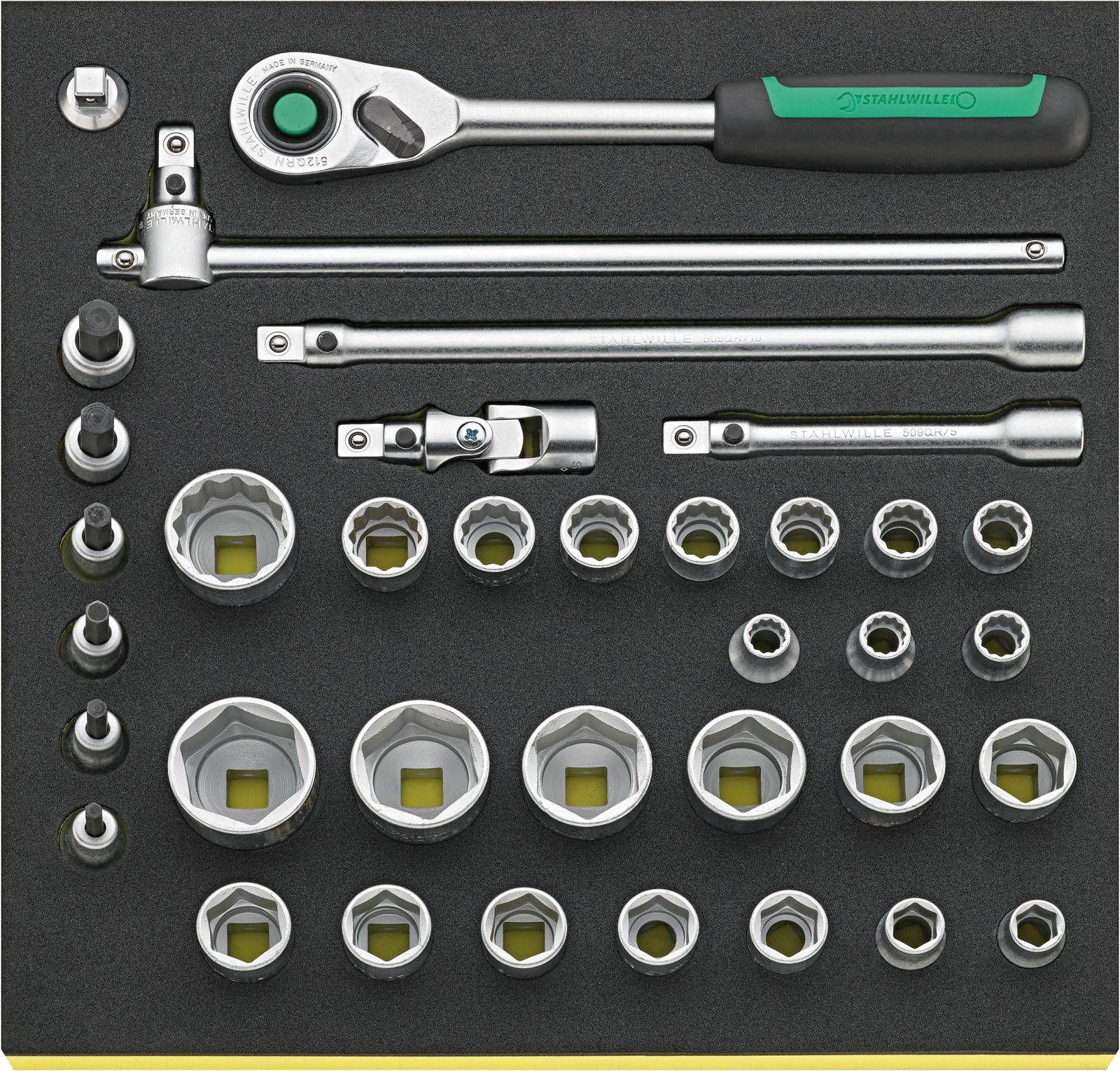 'Set of socket keys and extensions on foam insert, comprising ratchet, various nuts and accessories.'